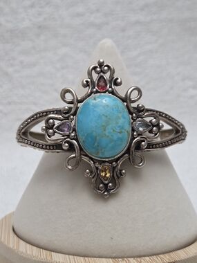 Sleeping Beauty Turquoise and Multi-Gem Ornate Silver Cuff Bracelet